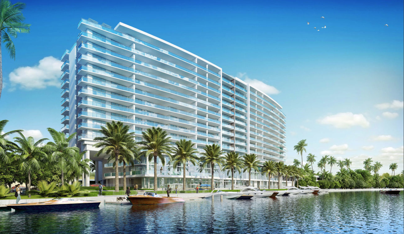A luxury condo complex with stunning waterfront views at Riva Residences in Fort Lauderdale, FL.